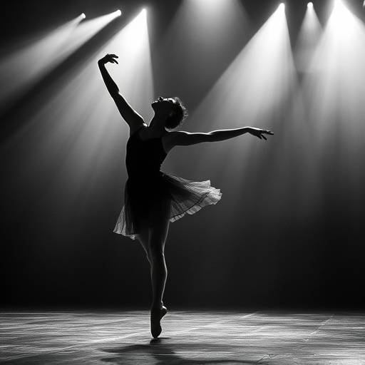 Photo en noir et blanc d'un danseur de ballet en pleine performance sur scène.
