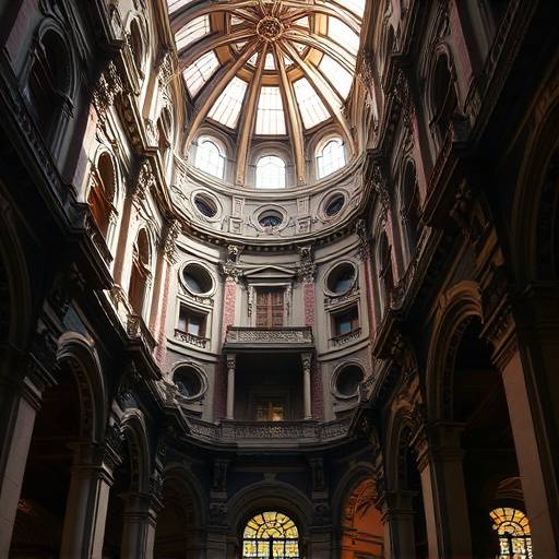 Photographie intérieure d'un bâtiment historique avec des détails architecturaux complexes.
