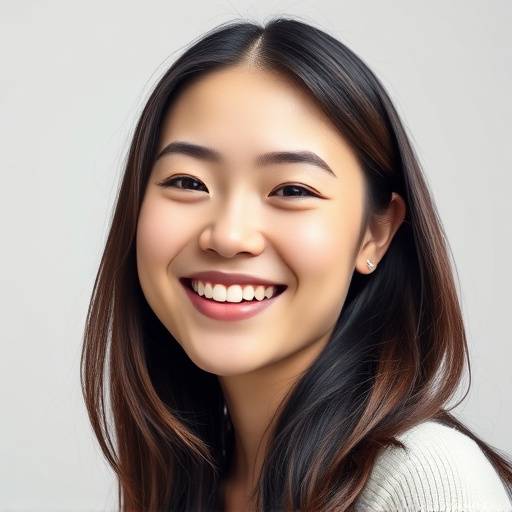 Portrait en studio d'une jeune femme souriante avec un éclairage doux et professionnel.